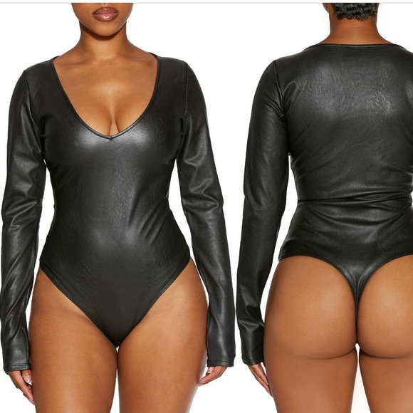 Naked Wardrobe Black Turtleneck Faux Leather Bodysuit  Small